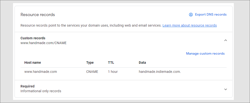 Screenshot showing a correctly set up CNAME entry in Google Domains